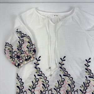 Anthropology Kindred Embroidered Cotton Tie Neck Blouse White Puff Sleeve Size S